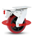 Heavy Duty Swivel Caster Wheels With Smooth Rolling Polyurethane Tires And Sturdy Galvanized Brackets close-up view showing pivot locking design.