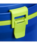 Close-up of the blue lid and green latch on the Hardcore Two Gallon Insulated Water Jug Featuring Double Wall Foam Build.