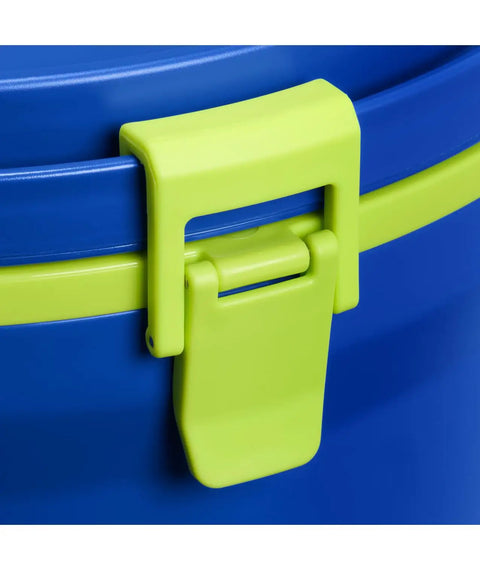 Close-up of the blue lid and green latch on the Hardcore Two Gallon Insulated Water Jug Featuring Double Wall Foam Build.