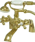 Clawfoot Tub Faucet With Hand Shower in Polished Brass, Deck Mount, 6 Inch Centerset, Two Hole Installation, Ceramic Disc Cartridge