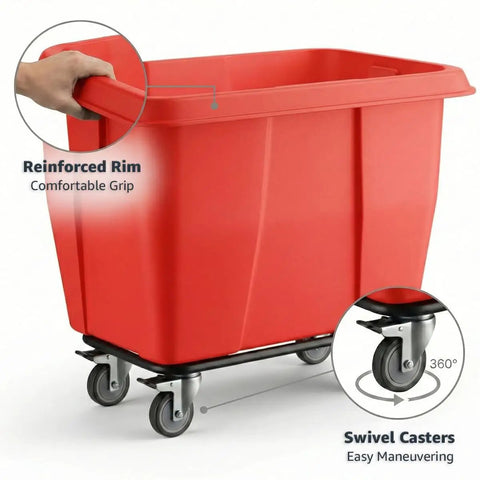 Heavy Duty 500 Pound Rolling Trash Can With 8 Cubic Foot Capacity, Bold Red Construction Cube Hauler And Commercial Laundry Wagon For Hotels Or Warehouses with comfortable grip.