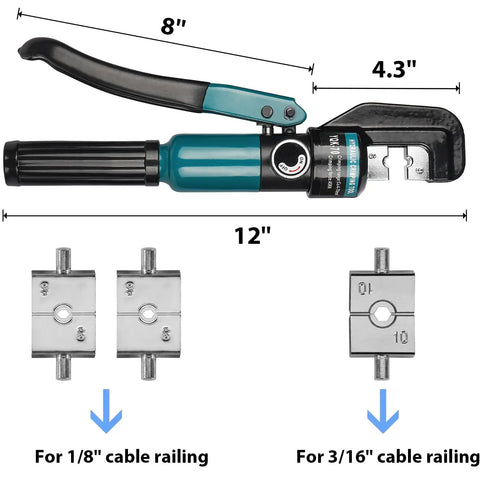 Hydraulic Crimping Tool And Cable Cutter For Stainless Steel Cable Railing Hardware Pro Grade 1 8th To 3 16th Inch DC02 Battery Cable Crimp Tool Heavy Duty Swaging Tool With Auto Release And Hardened Dies showing tool dimensions and die sizes