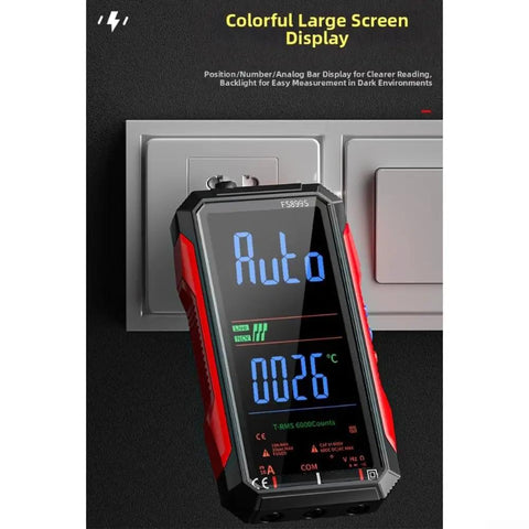 Rechargeable USB-C Digital Multimeter Workhorse Pro Grade with 6000 Counts and an 8 Inch Backlit Screen displaying data.