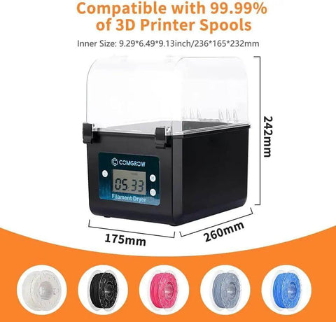 Upgraded Filament Dryer Box For 3D Printing Large Capacity Dehydrator For 2kg Spools display with dimensions and color options