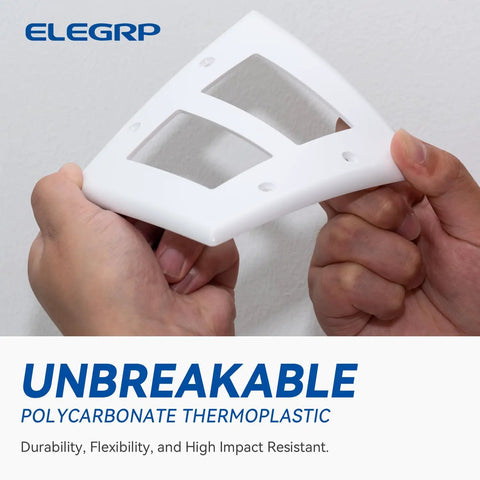 Person bending 2-Gang Decorator Wall Plate Cover Glossy White, Standard Size 4.53 Inches High By 4.57 Inches Long, Unbreakable Thermoplastic Faceplate For Decorator Receptacle Outlet And Switch, UL Listed, Built To Last And Impact-Resistant 1 Pack to show flexibility.