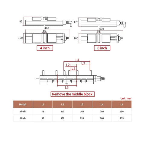 Technical diagram of Heavy Duty Machine Vise Featuring Rock Solid Flat Nose Jaws Six Inch Double Opening Bench Clamp with measurements.