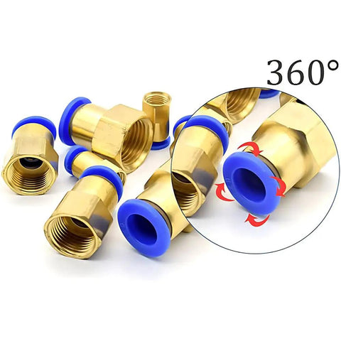 Solid Pneumatic Fittings Quick Air Connector Straight Shot Push In Hose Tubing Bulk Pack BSPT Threaded Couplings in brass with blue rubber seals.
