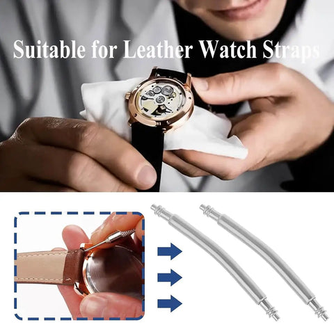 10 Pcs Curved Spring Bars For Watch Bands, 1.5mm Stainless Steel double flanged pins being installed on a leather watch strap.