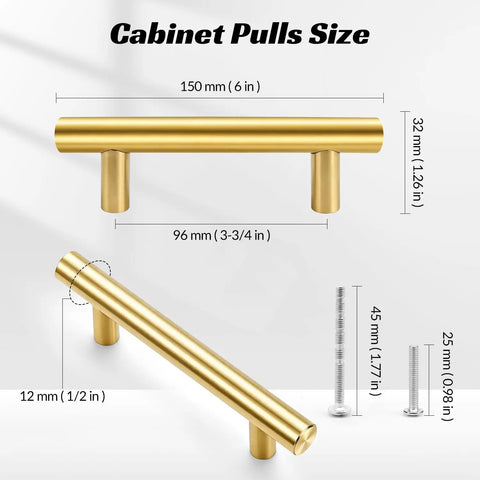Brushed Gold 6 Inch Stainless Steel Cabinet Pulls With 3.8 Inch Hole Center Modern Drawer Handles DIY Double T Bar
