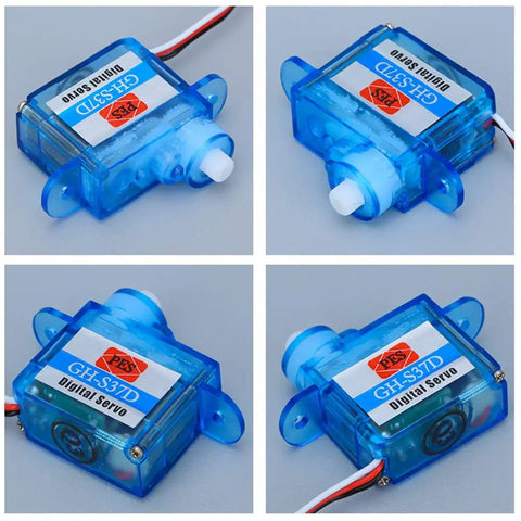 Two Pack Micro Digital Servo GH-S37D 3.7g Coreless RC Servo for RC Airplanes Cars Boats, blue casing, front and side view.