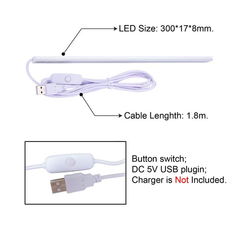 Lit 5W 6000K USB LED Light Bar For 3D Printers With Aluminum Body And Mount, LED size 300x17x8mm, USB cable length 1.8m.