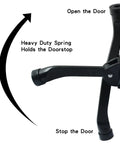 Heavy Duty Kickdown Door Stopper With Anti Slip Rubber Tip 4.7 Inch Two Pack Bottom Of Door Holder Includes Screws And Screwdriver Black Durable Zinc Alloy Build Resists Rust And Scratches For Everyday Use shown with open and stop indications