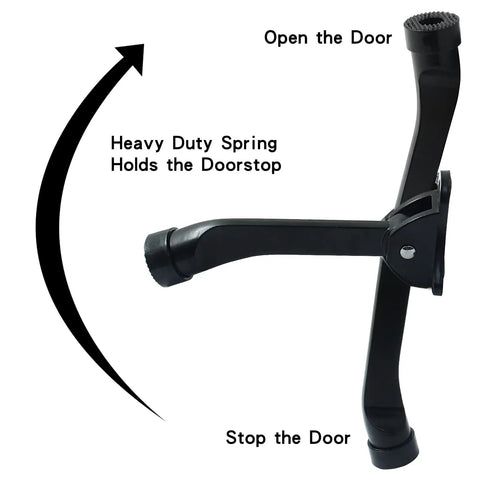 Heavy Duty Kickdown Door Stopper With Anti Slip Rubber Tip 4.7 Inch Two Pack Bottom Of Door Holder Includes Screws And Screwdriver Black Durable Zinc Alloy Build Resists Rust And Scratches For Everyday Use shown with open and stop indications