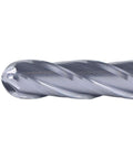Close-up of SpeTool 4-flute ball-nose end mill, solid carbide, 1/4 in shank, silver metal
