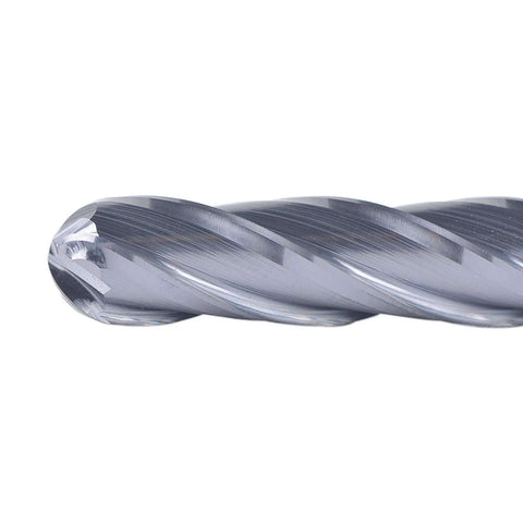 Close-up of SpeTool 4-flute ball-nose end mill, solid carbide, 1/4 in shank, silver metal