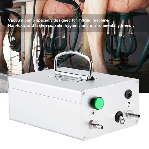 12V Milking Vacuum Pump For Livestock, aluminum alloy shell, shown with milking machine in background, suitable for dairy farms.
