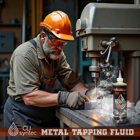 Worker using industrial drill with Premium Metal Tapping Fluid For Industrial Threading And Cutting, 128 FL OZ, 1 Gallon