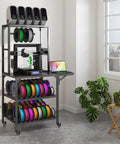 Solid As A Rock 4 Tier Rolling 3D Printer Stand With Hella Spacious Spool Storage and Sturdy Metal Workstation Desk for Creative Makers and Pros, featuring equipment and color spools.