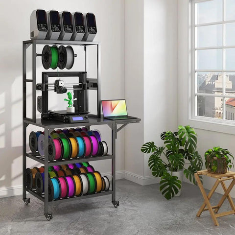 Solid As A Rock 4 Tier Rolling 3D Printer Stand With Hella Spacious Spool Storage and Sturdy Metal Workstation Desk for Creative Makers and Pros, featuring equipment and color spools.
