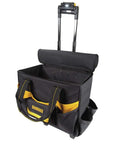 Lighted Roller Tool Bag With Built In LED Lights Heavy Duty Wheels Telescoping Handle Magnetic Folding Zipper Top For Quick Main Compartment Access 18 Inch Tool Carrier For Pros Durable Design For Rough Terrain, open view with telescoping handle and LED lights visible.