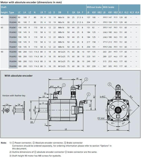 CHUNYE S-1FL6 servo motor with holding brake, 2 kW, 9.55 Nm; front and side views with encoder diagram