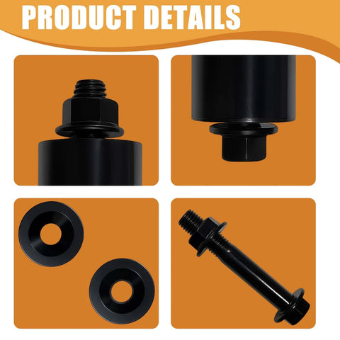 Front view of black metal Dzus fastener dimpling die tool kit components: main body, bolt with flange, two washers.