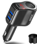 Ride Ready Dual Type C Car Charger Splitter with LED voltmeter, dual USB ports for fast charging, compact design.