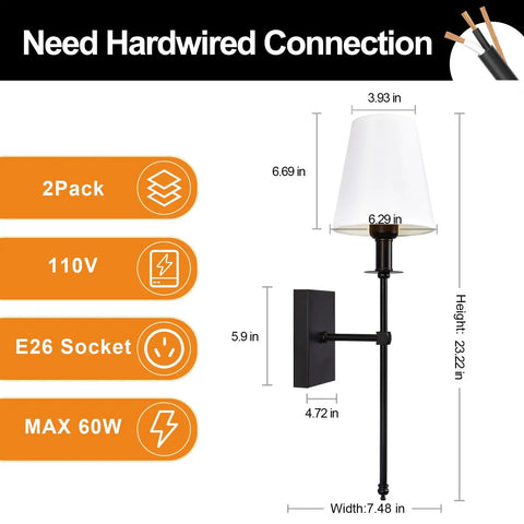 Set Of 2 Black Hardwired Wall Sconces With Vertical Rod And White Fabric Flared Shades, Versatile For Bathroom, Staircase, Living Room, Bedroom, Hallway Or Farmhouse Decor, Puck Lights Compatible, Bulbs Not Included, side view with dimensions shown.