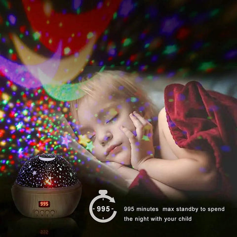 Star Projector Night Light With Timer For Kids 360 Degree Rotating Moon And Stars Sky Projector Lamp next to a sleeping child