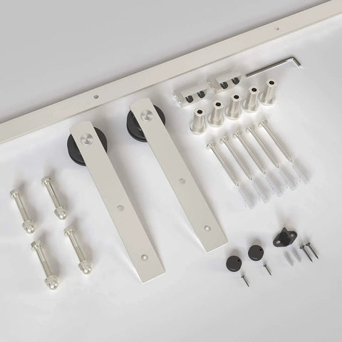 Heavy-Duty Brushed Nickel Sliding Barn Door Hardware Kit For 36-40 Inch Doors with rails, hangers, spacers, guides