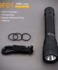 DF01 Scuba Diving Light 1500 Lumen Underwater Torch with accessories, narrow beam, IP68 waterproof, 150m depth rated, SST40 LED