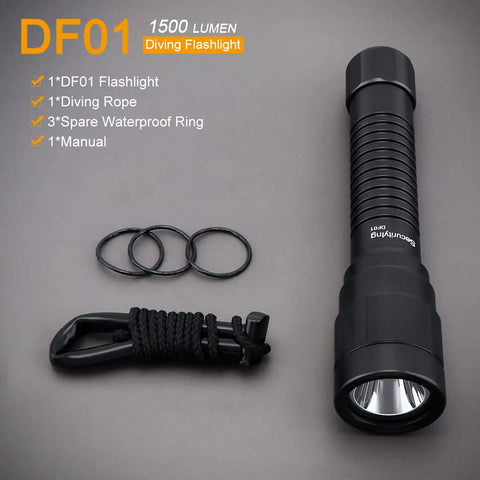 DF01 Scuba Diving Light 1500 Lumen Underwater Torch with accessories, narrow beam, IP68 waterproof, 150m depth rated, SST40 LED