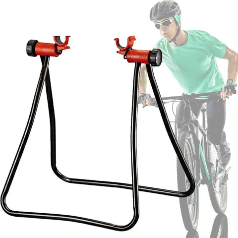 Foldable Aluminum Bike Repair Stand For DIY Home Mechanics with Easy Foldout Legs, Mounts On Rear Hub Axle, shown next to a cyclist.