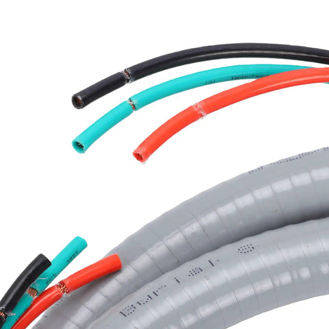 Heavy Duty Half Inch Liquid Tight Flexible Conduit Whips With 6 Foot 10 AWG 3 Wire Copper Cables For Outdoor Air Conditioning Units showing wire colors.
