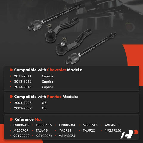 Front Inner Outer Tie Rod End Kit Direct Fit For Chevy Caprice 2011 2013 And Pontiac G8 2008 2009 To Fix Uneven Tire Wear, Eliminate Loose Or Shaky Steering, Squeaks, And Improve Steering Response. Four black steel tie rod ends shown with fitment details.