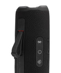 Close-up of Flip 7 Waterproof Portable Bluetooth Speaker Bundle With GSport Carbon Fiber Hardshell Case Black AI Sound Boost buttons.