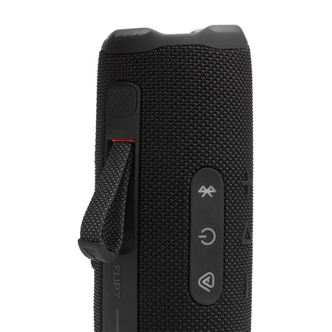 Close-up of Flip 7 Waterproof Portable Bluetooth Speaker Bundle With GSport Carbon Fiber Hardshell Case Black AI Sound Boost buttons.