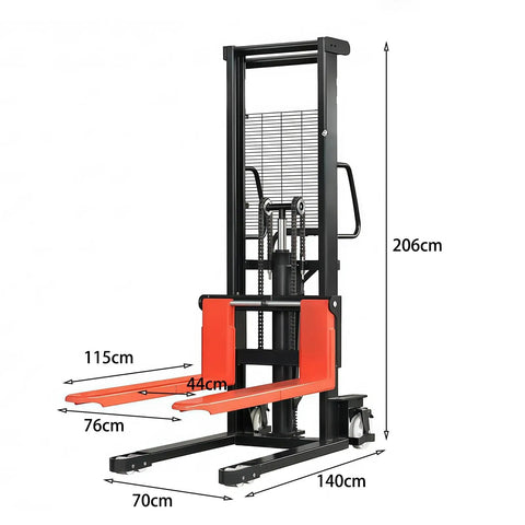 Heavy Duty Manual Pallet Jack With A Rugged Hydraulic Pump And Reinforced C Channel Steel Forks, 206cm tall, 115cm forks.