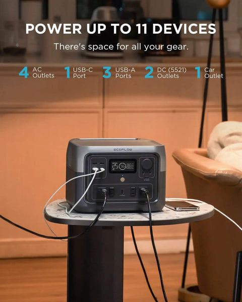 River 2 Max Portable Power Station With 512Wh LiFePO4 Battery, 1000W Peak Output, charging multiple devices in living room.
