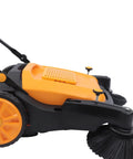 Ditch The Broom With This Smooth 41 Inch Push Floor Sweeper showing side view, large waste bin, and foldable handle for easy yard work.
