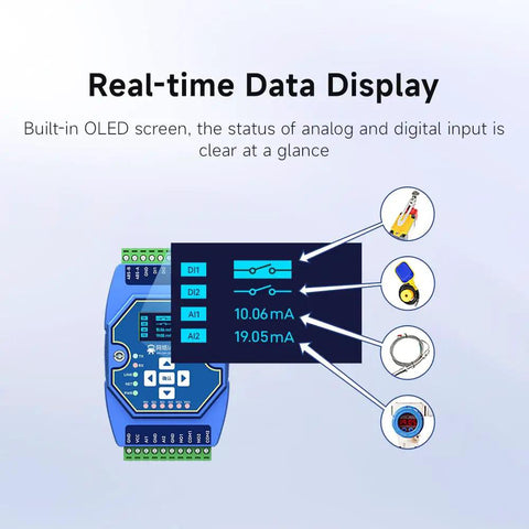 4DI 2AI 2DO RS485 RJ45 Analog and Digital IO Module for Modbus TCP RTU Networking with real-time OLED data display