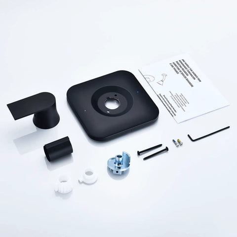 Genta LX Posi-Temp Valve Trim Kit Replacement Matte Black Finish components including handle, plate, screws, and manual