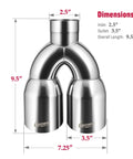 Dual Exhaust Tip Set Of 2 2.5 Inch Inlet And 3.5 Inch Outlet 9.5 Inch Length Polished Stainless Weld On Tailpipe Tips dimensions