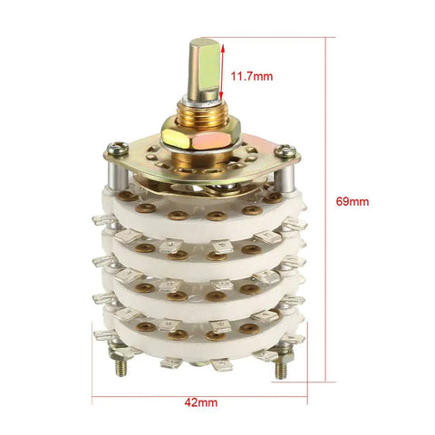Four Pole Eleven Position Rotary Switch Band Selector With Four Decks And Knob, 48 Pins, 9.7mm Mount Hole, 6mm Shaft