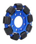 Front view of 4in blue aluminum omnidirectional wheel with silicone rollers for robot DIY