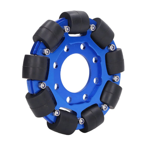 Front view of 4in blue aluminum omnidirectional wheel with silicone rollers for robot DIY