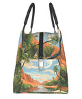 Front view of Desert Palm Tree Print Insulated Lunch Bag For Women And Men, Reusable Leakproof Cooler Tote, Portable Lunch Box