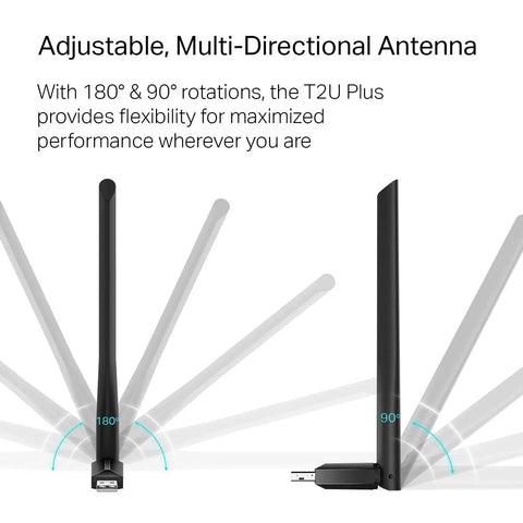 AC600 Dual Band USB WiFi Adapter For PC With 5dBi Antenna showing adjustable angles for better signal.
