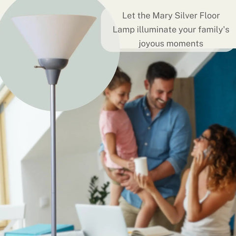 Mary Torchiere Floor Lamp With Opal White Cone Shade For A Warm Cozy Vibe And Glare Free Light in family room setting