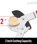 Close-up of Workhorse 29 Inch Anvil Lopper Pruner With Spare SK5 Blade Compound Action, cutting 2 inch branch, ergonomic non-slip handles